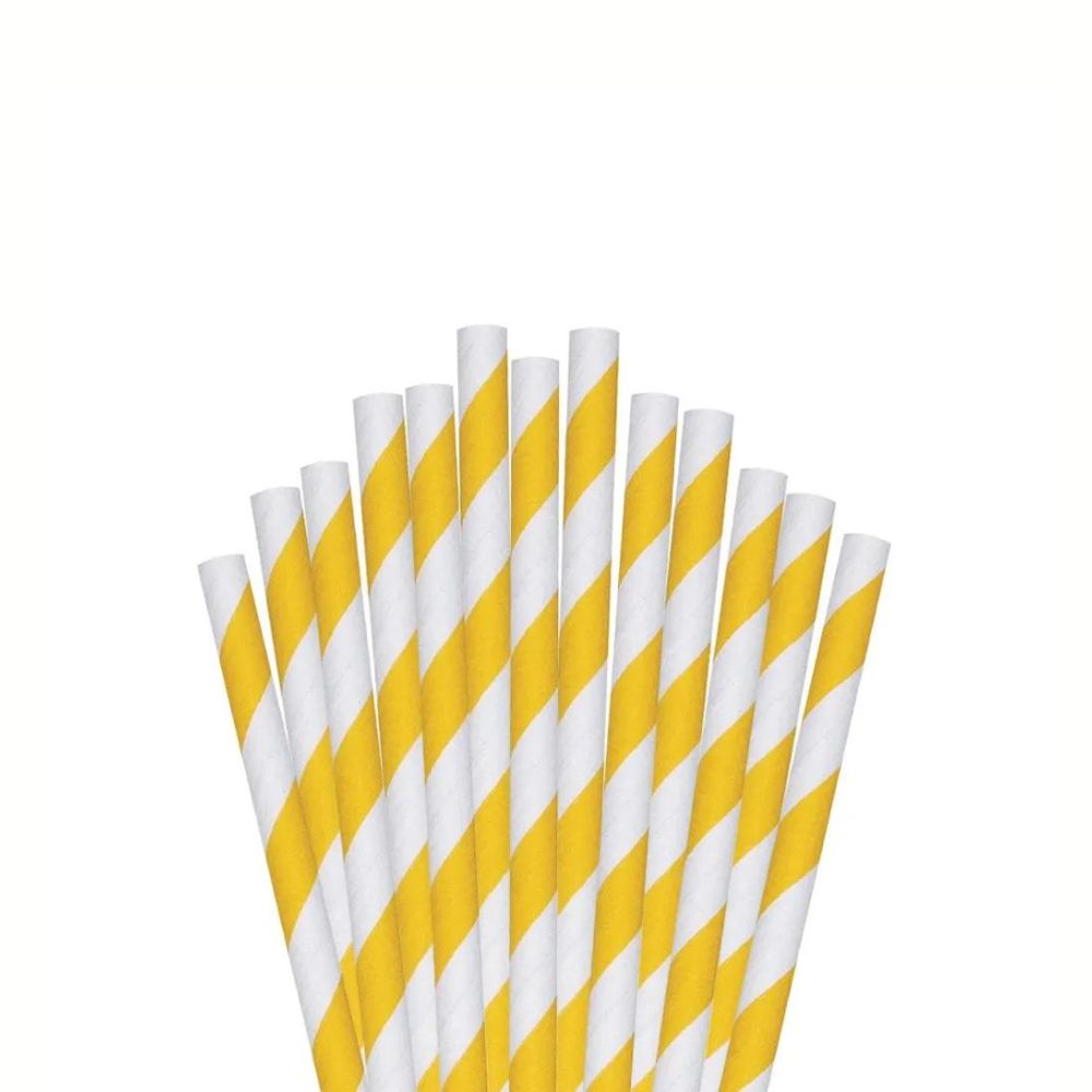 Pitillos Biodegradables de Papel con Envoltura – Largo 20 cm Diámetro 0,8 cm | Raya Amarillo